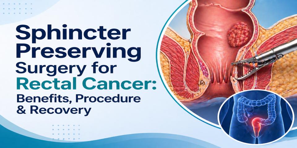 Sphincter Preserving Surgery for Rectal Cancer showing surgical instrument removing tumour from rectum with colorectal diagram in Pune