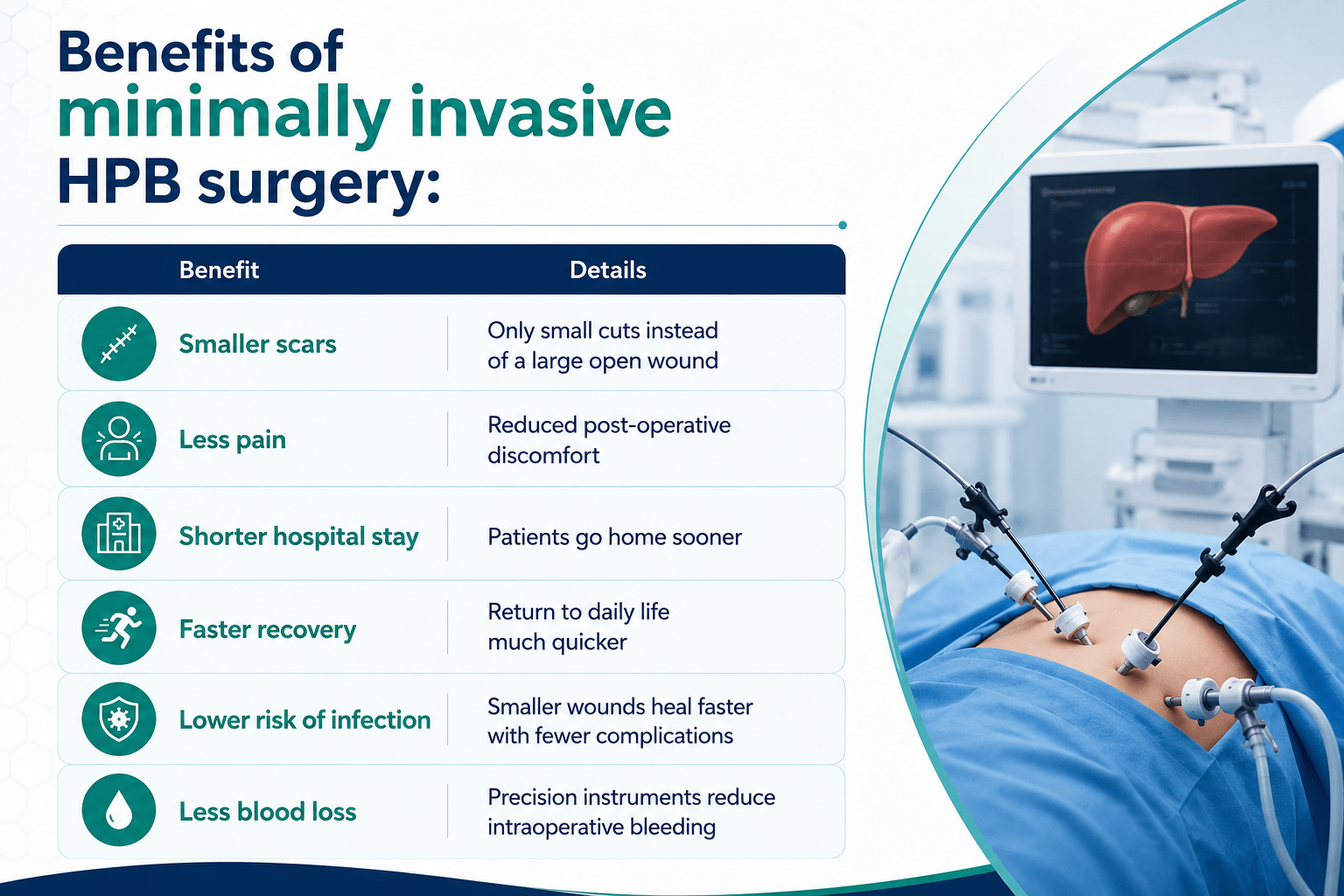 Benefits of Minimally Invasive HPB Surgery – Infographic | Best HPB Surgeon in Pune Dr. Manoj Dongare Infographic showing 6 benefits of minimally invasive HPB Surgery including smaller scars less pain shorter hospital stay and faster recovery by HPB Surgeon in Pune